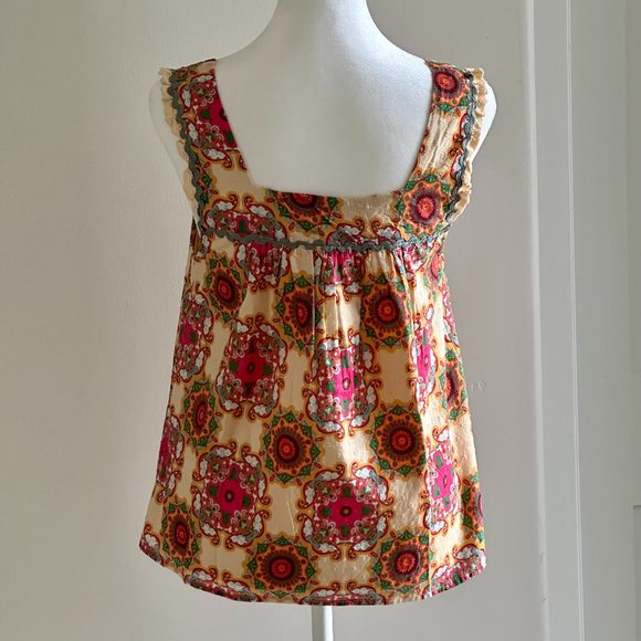 ANTHROPOLOGIE PINK GREEN BABYDOLL TOP WITH BRIC BRAC DETAILING SIZE 4 - Picture 2 of 9